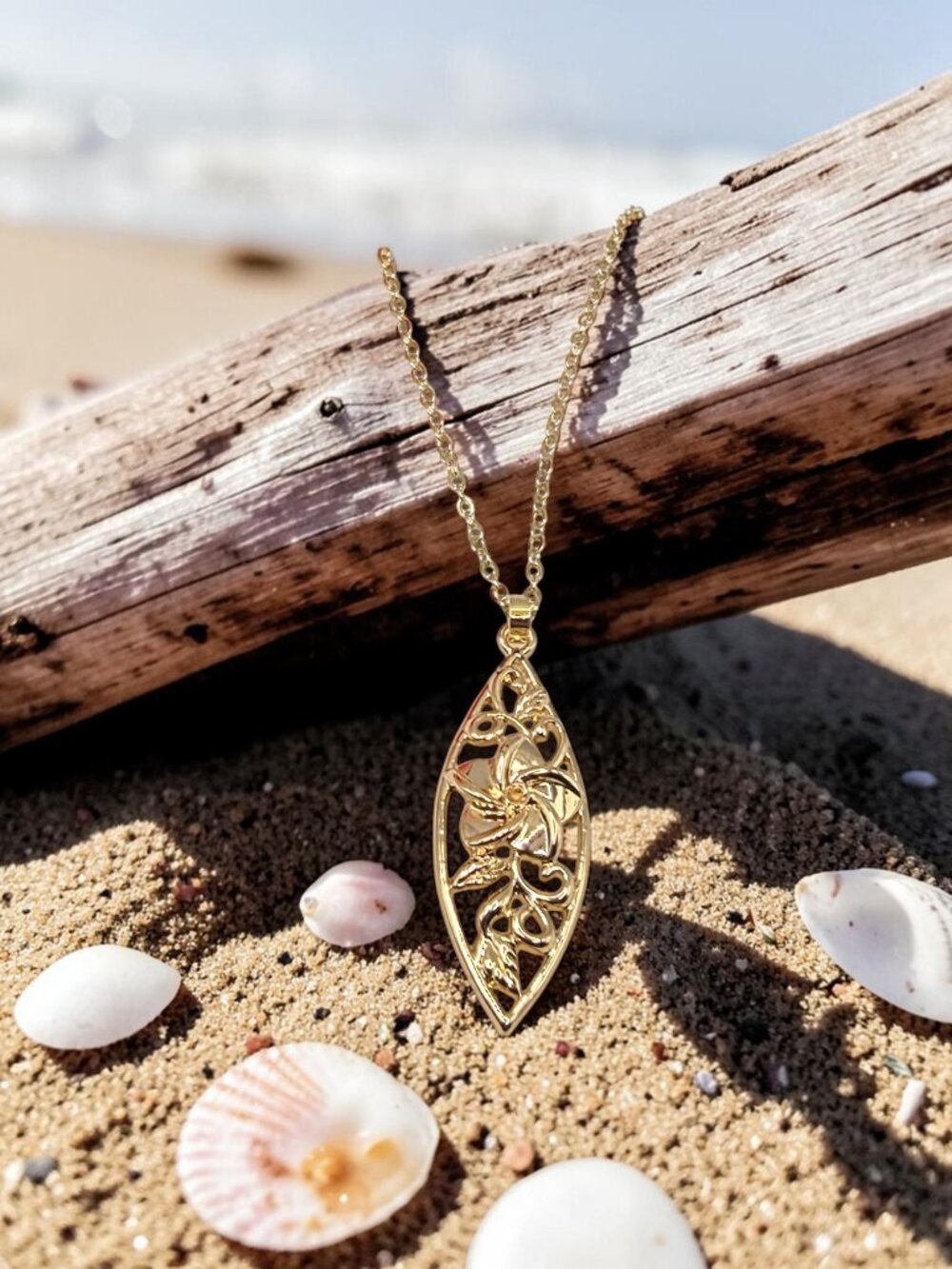 Gold Hawaiian Plumeria and Vine Surfboard Design Necklace